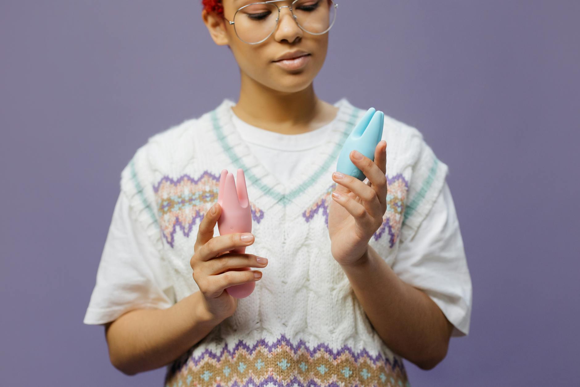 Woman holding lemon clitoral vibrators, considering options for managing antidepressant side effects
